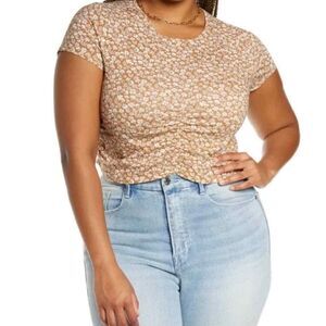 BP Women’s Top Crop Ruched Organic Cotton Tan Mushroom Print Size 2X NEW NWT